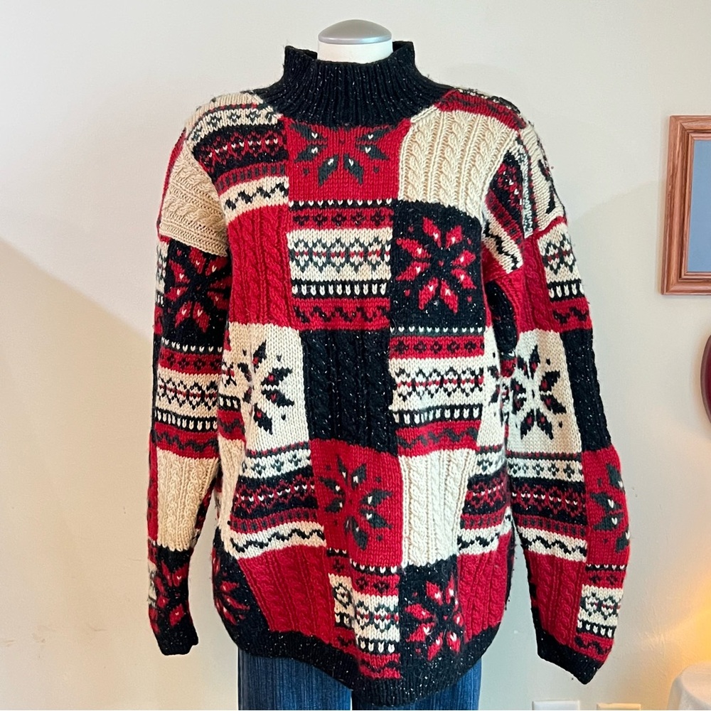 Vintage Red and black Jones New York patchwork wool sweater knitwear - Picture 3 of 8